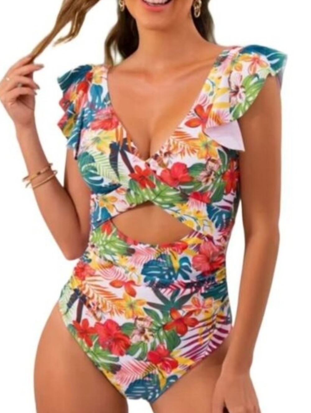 TROPICAL PRINT ONE PIECE MONOKINI RUFFLE SHOULDER RUCHED SWIMSUIT SIZE XL NWT